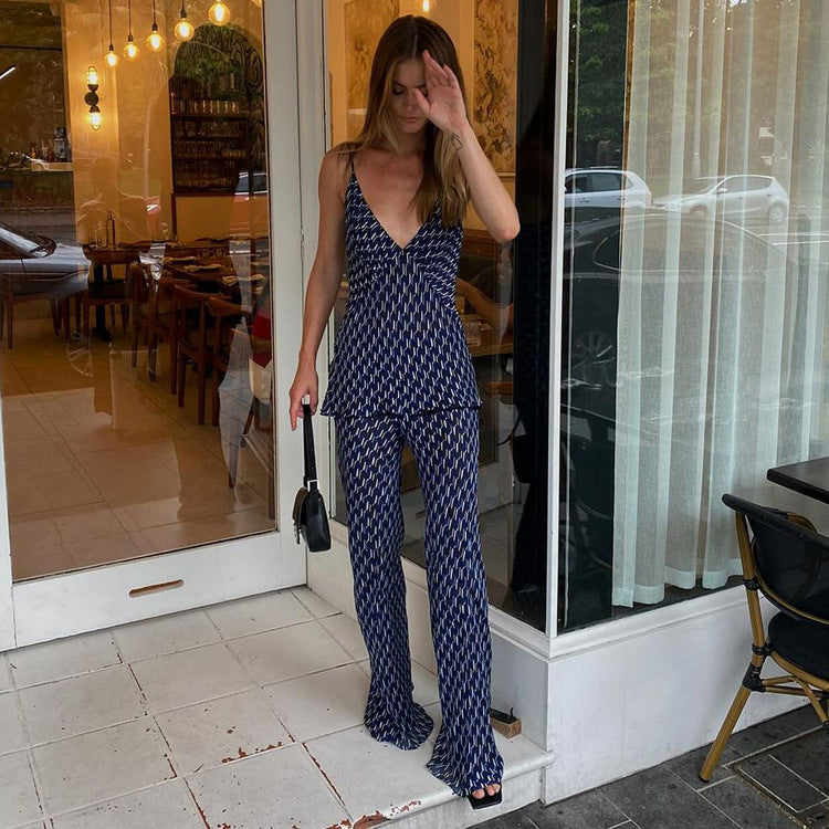 Women’s V-Neck Strap Top & Wide-Leg Pants Set, shown in a clear product image