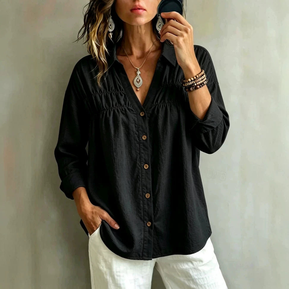 Product detail photo of V Neck Button Long Sleeve Blouse, Women’s Blouse, everyday style