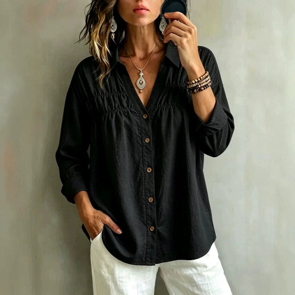 Product detail photo of V Neck Button Long Sleeve Blouse, Women’s Blouse, everyday style
