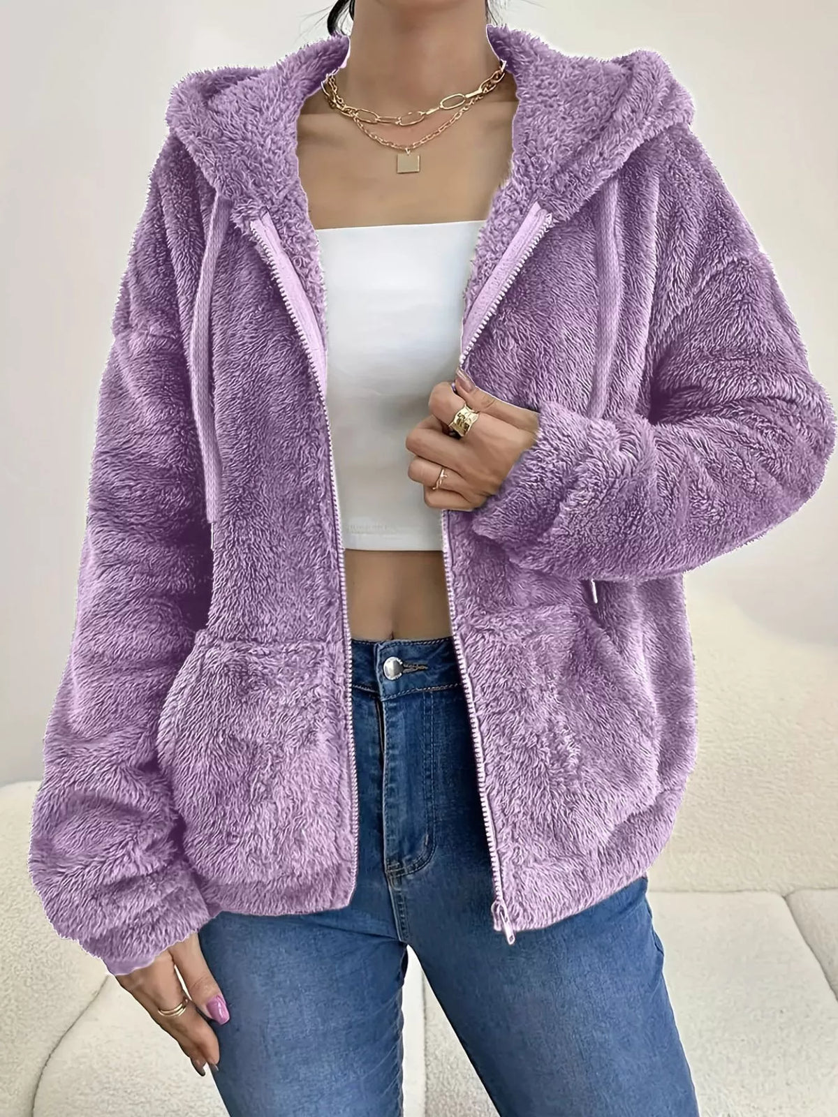 Drawstring Fleece Zip-Up Outerwear, product view 16