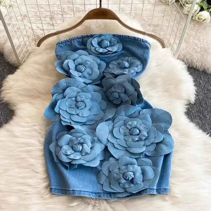 Floral applique denim dress — primary view