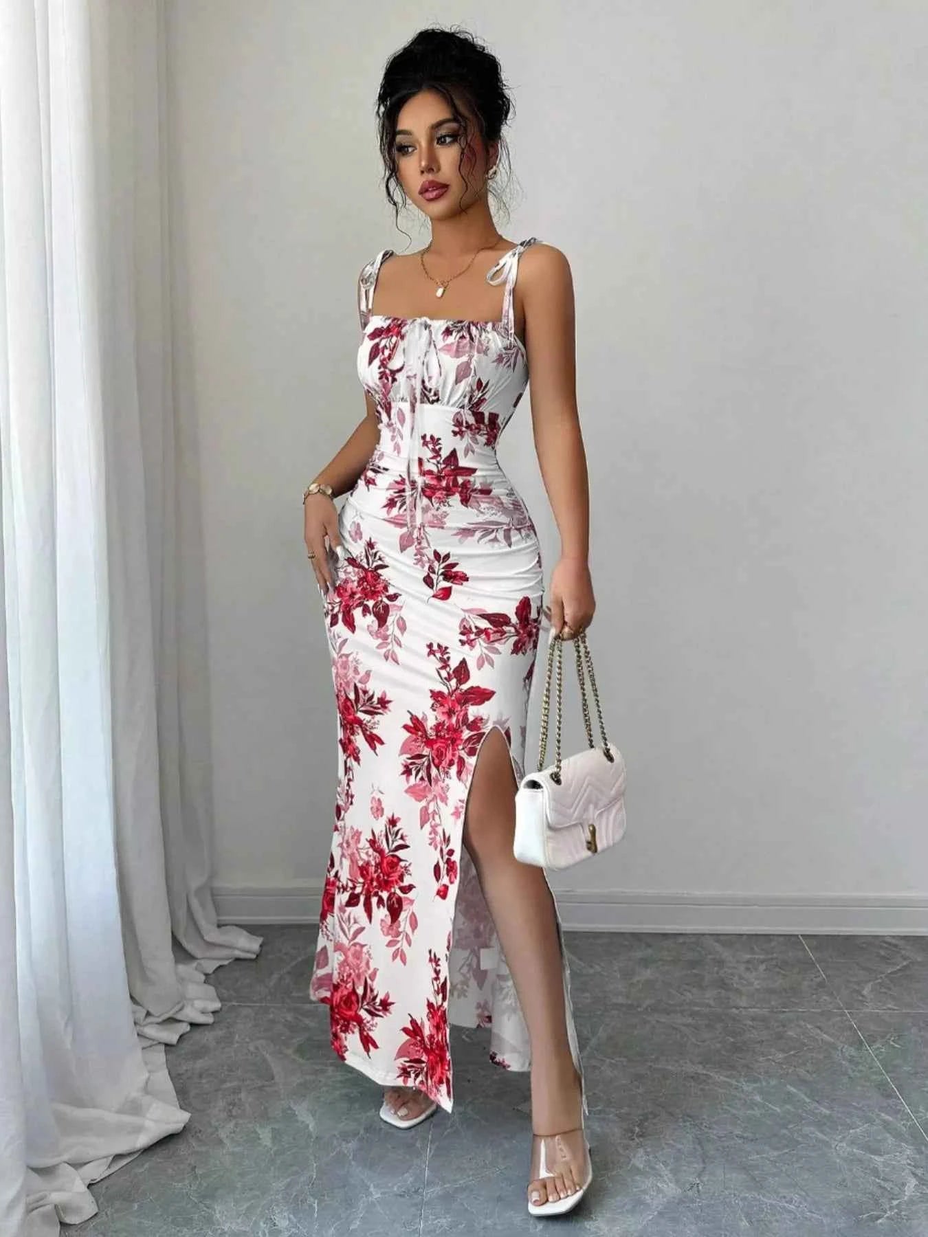 Printed Tie Strap Slit Maxi Dress-Maxi Dress.-Splashis-Color:Deep Red-Size:XL-Splashis