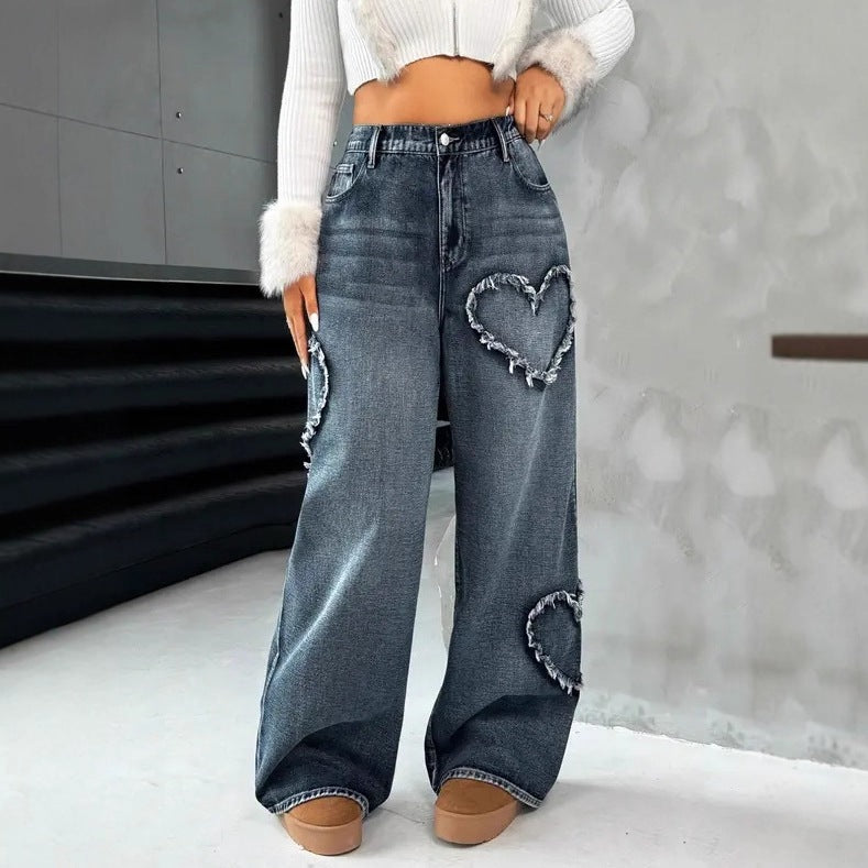 Women's Distressed Wide-Leg Jeans with High Waist, close-up product view