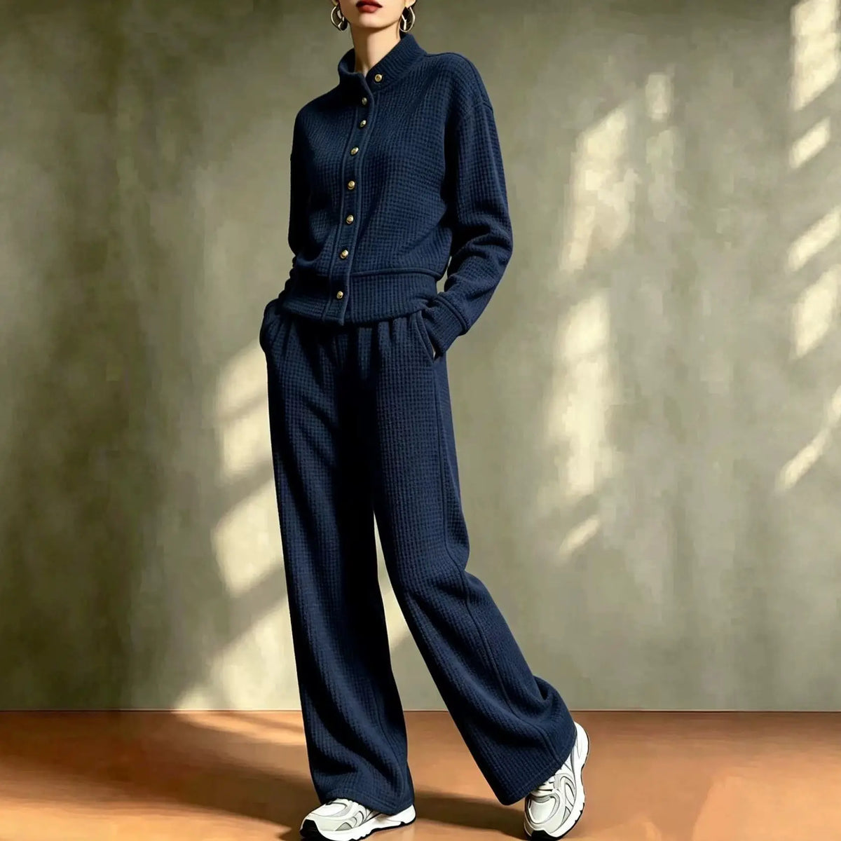 Women's waffle knit cardigan and wide-leg pants set