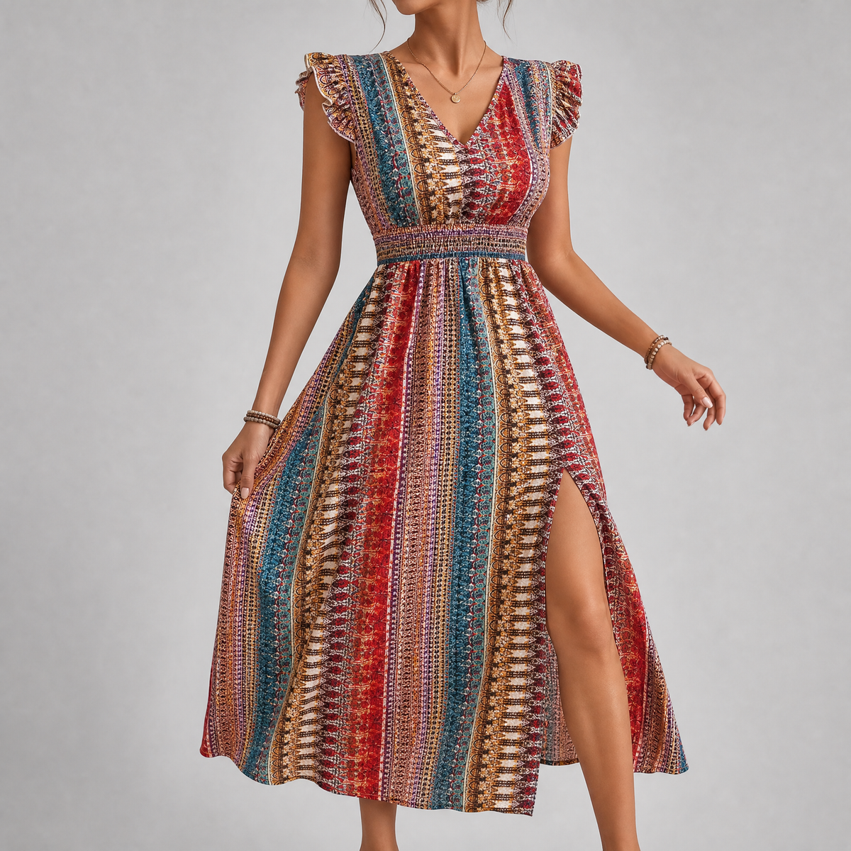 Boho Print Ruffle Sleeve Slit Dress shown in a clear product image