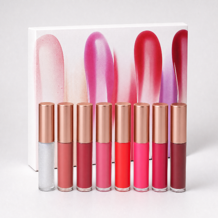 8-Piece Juicy Lip Oil Set - Non-Sticky, Fruit-Flavored Kit, shown in a clear product image