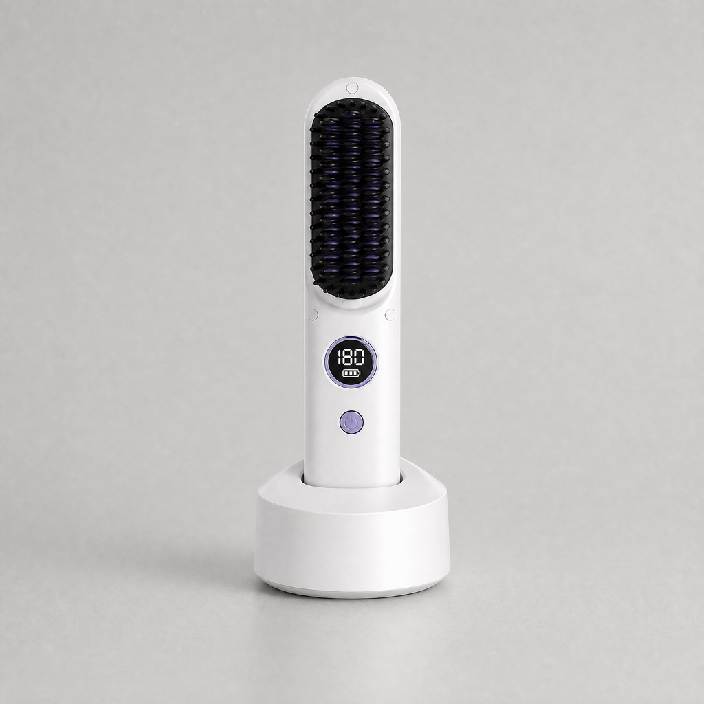 Cordless 2-in-1 Straightening and Curling Comb, shown in a clear product image
