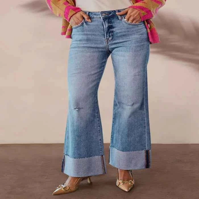 High-waisted distressed flare jeans — primary view