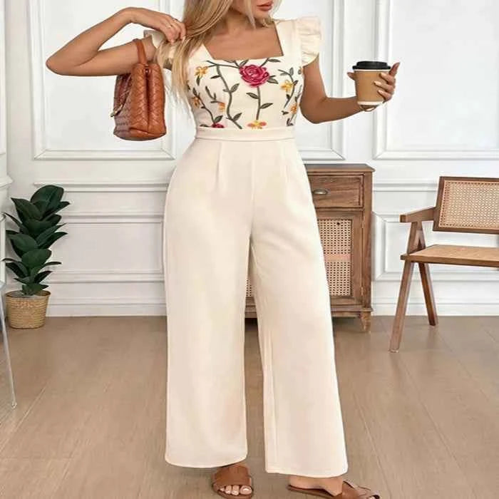 Floral embroidered jumpsuit with ruffles — primary view