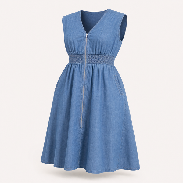 Denim Sleeveless Zip-Front Smocked Waist Midi Dress shown in a clear product image