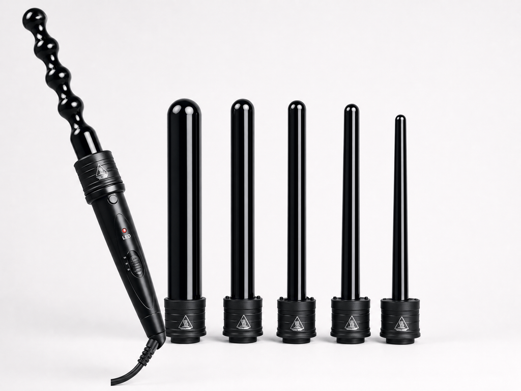 6-in-1 Interchangeable Ceramic Curling Wand Set, shown in a clear product image