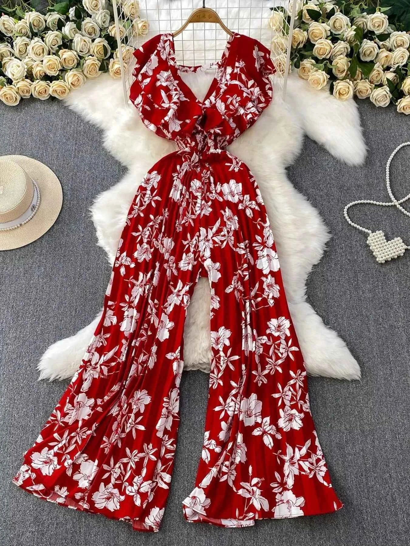 Floral print wide leg pleated jumpsuit — additional view 5
