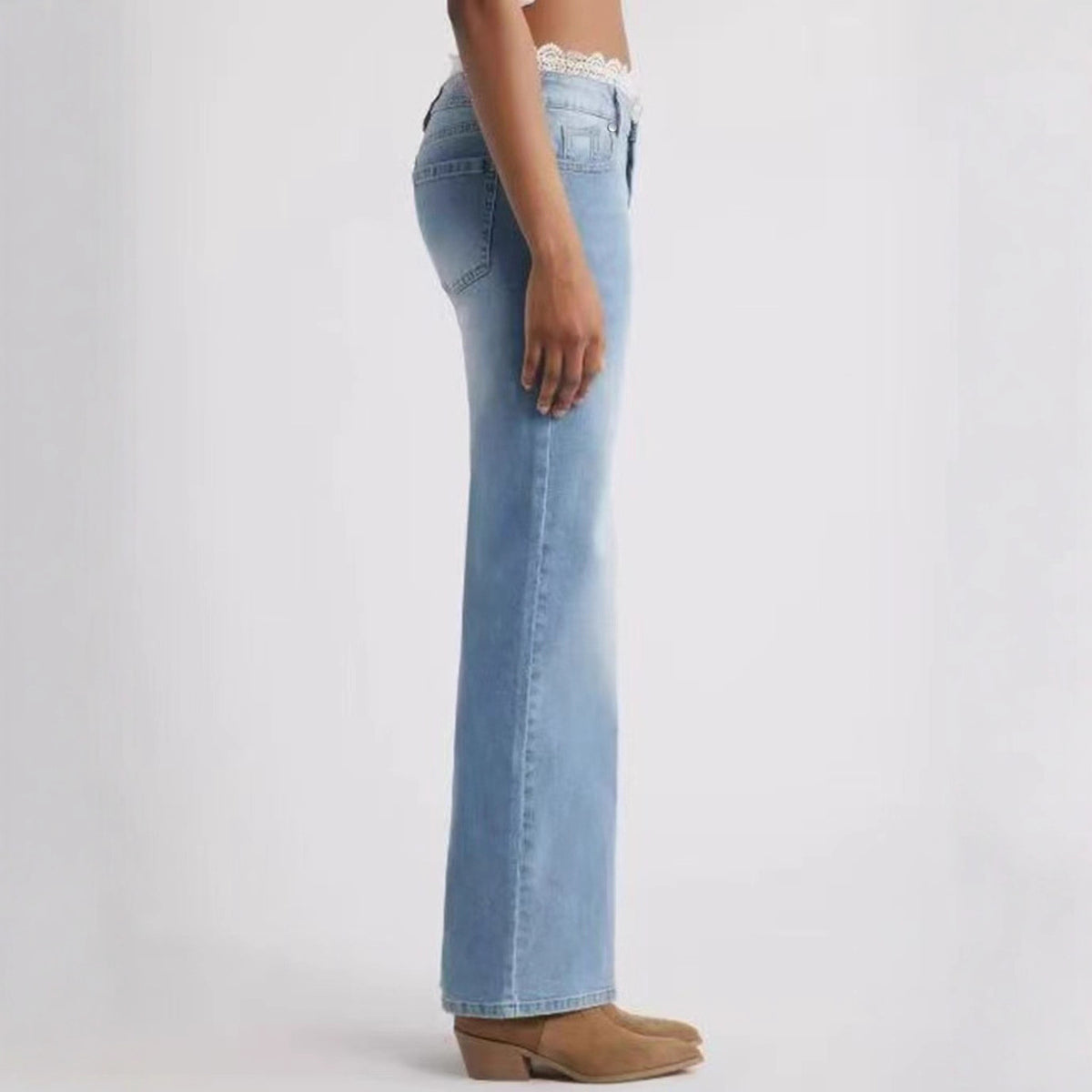 Women's Lace-Trimmed Wide-Leg Stretch Jeans in Light Blue, alternate product view