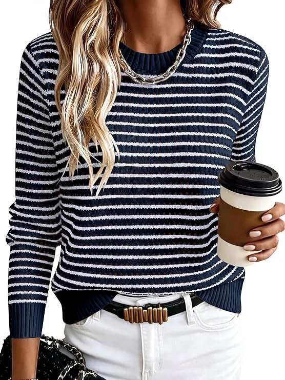 Striped Puff-Sleeve Round Neck Sweater – view 7