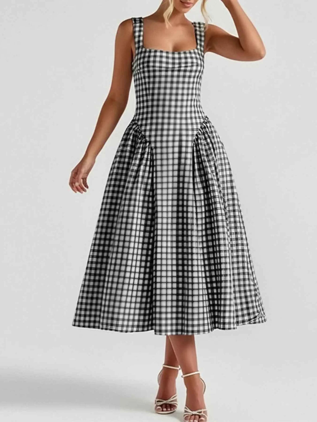 Full Size Square Neck Plaid Dress-Casual Dresses-Splashis-Color:Black-Size:3XL-Splashis