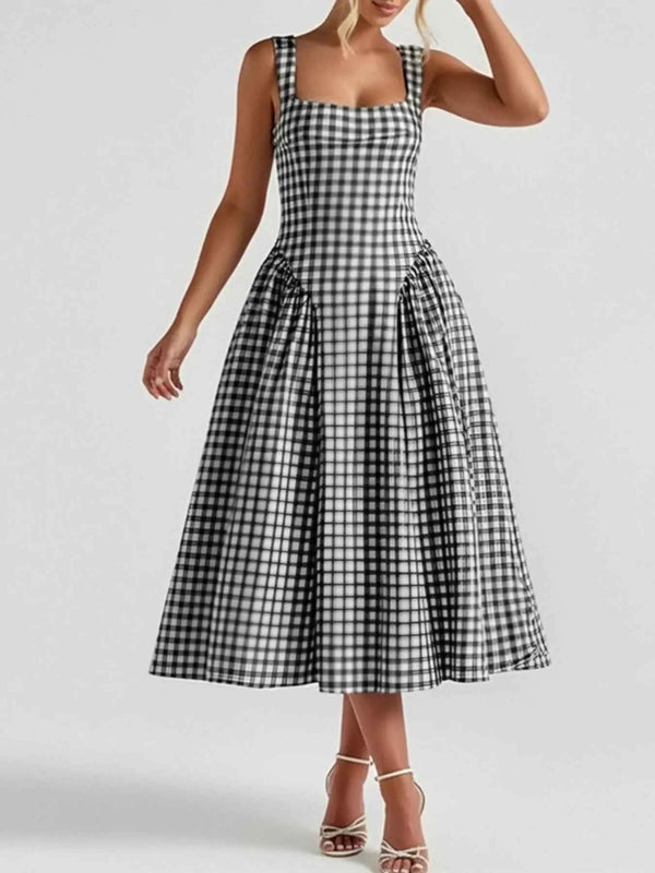 Full Size Square Neck Plaid Dress-Casual Dresses-Splashis-Color:Black-Size:3XL-Splashis