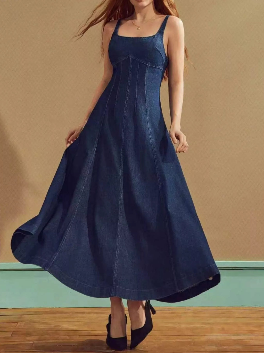 Square Neck A-Line Denim Dress — additional view 2