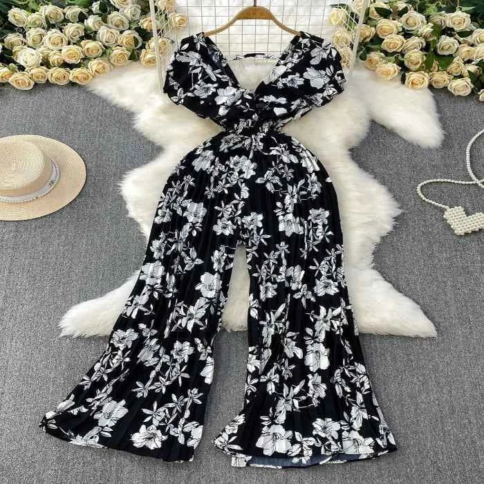 Floral print wide leg pleated jumpsuit — primary view