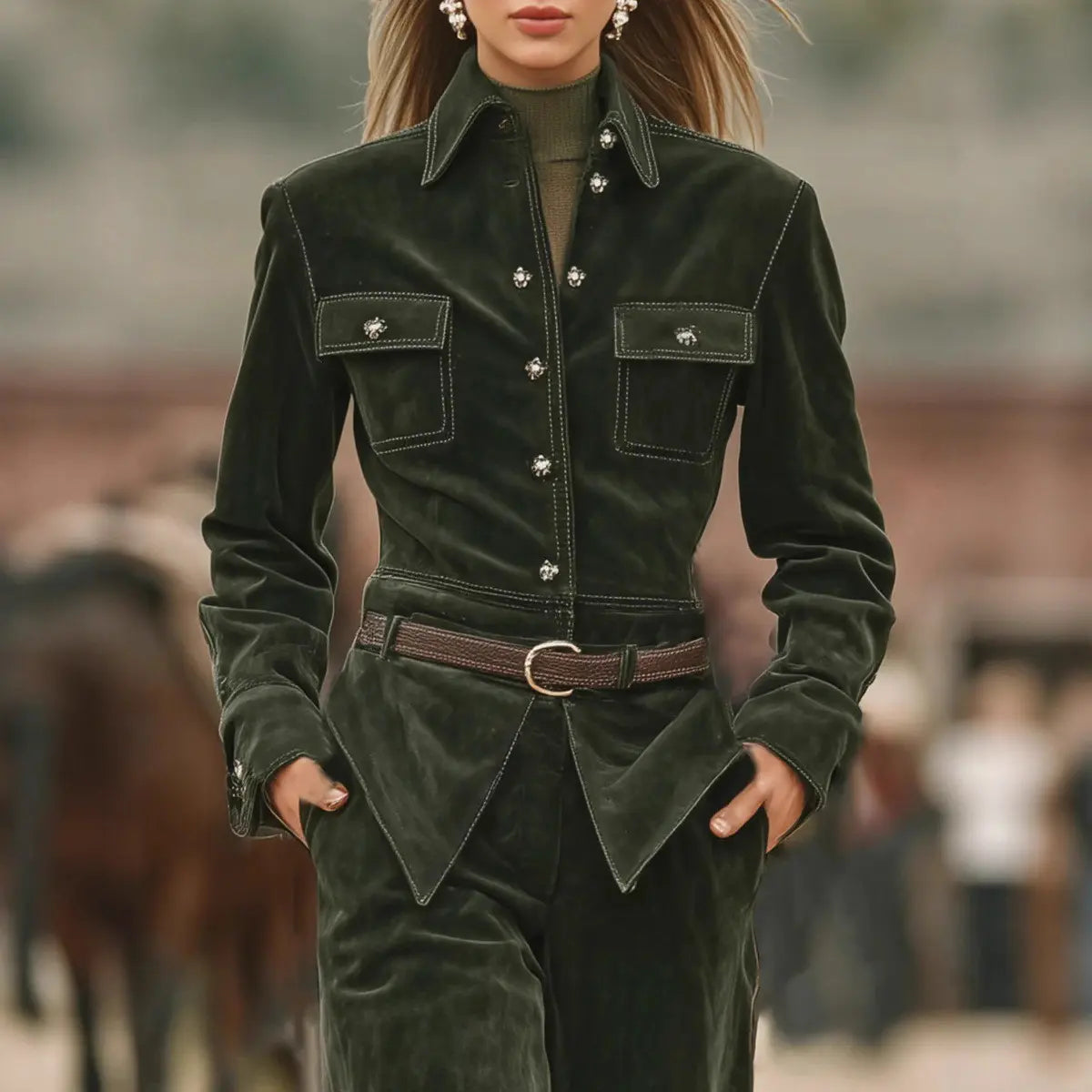 Women's corduroy belted jacket and pants set
