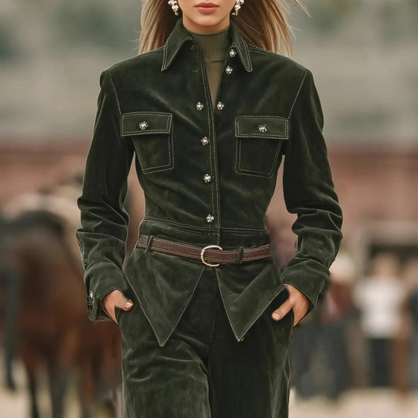 Women's corduroy belted jacket and pants set