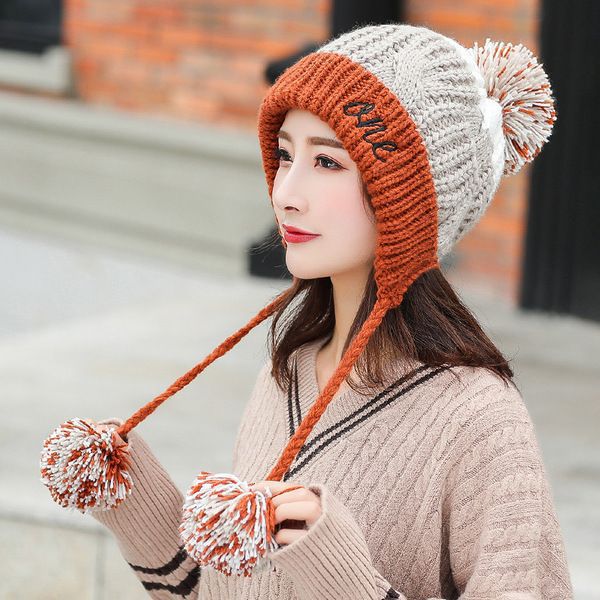 Women's Fleece Lined Pom Pom Wool Hat-Splashis, Caramel