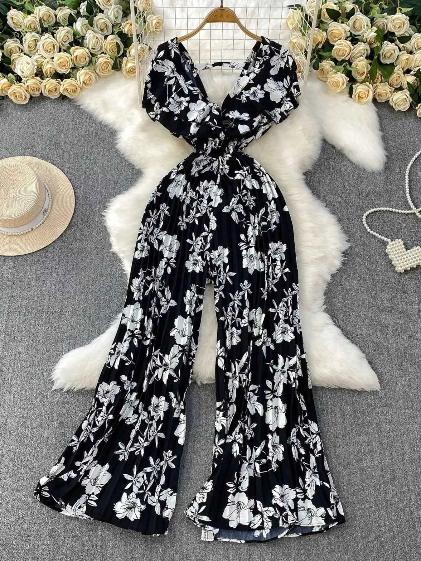 Floral print wide leg pleated jumpsuit — additional view 3