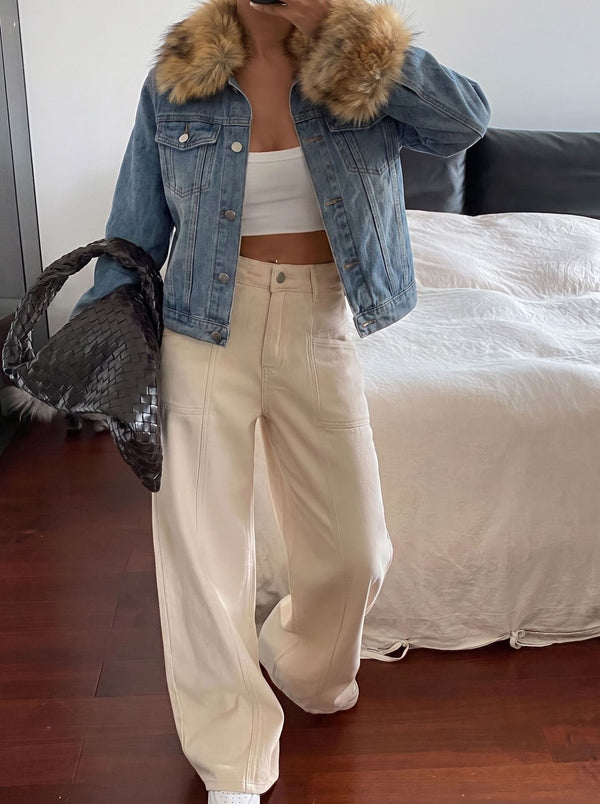 Cropped denim jacket with faux fur trim for women, image 3