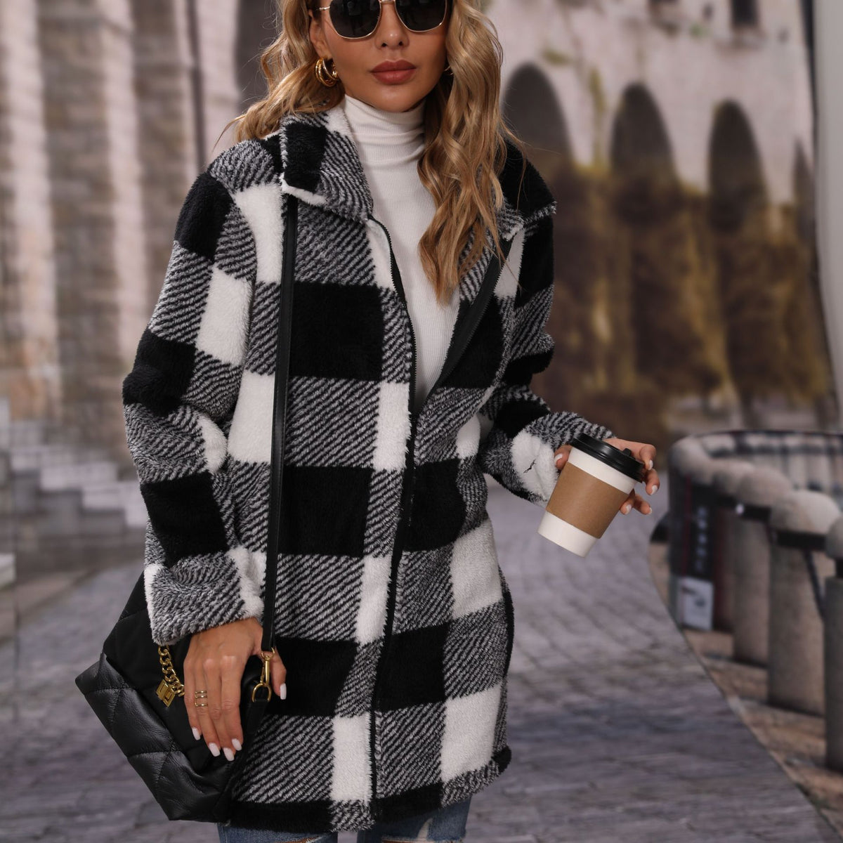 Women's Grid Print Long Coat with Lapel Collar additional product view