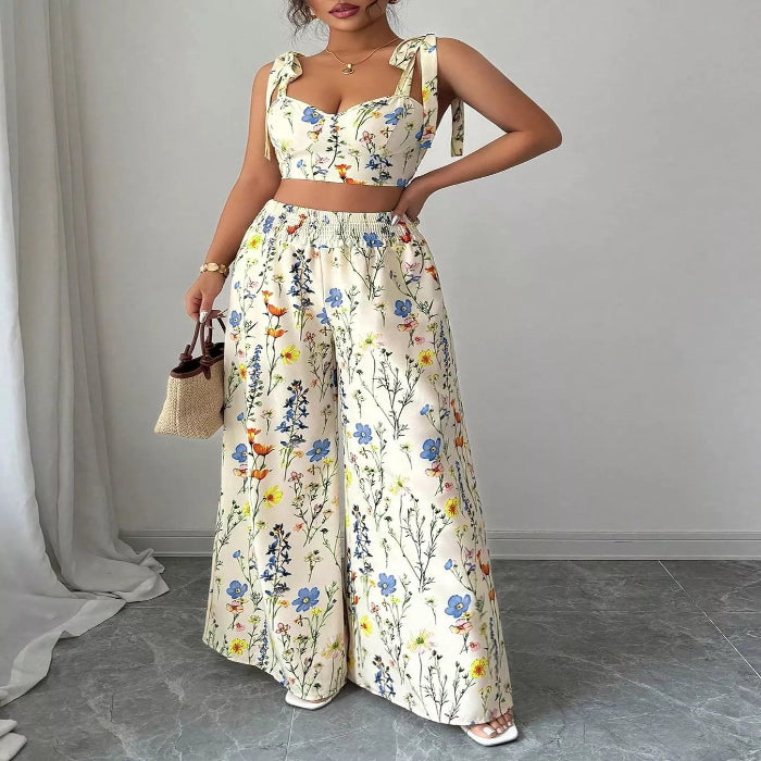 Model wearing the Floral Print Tie-Shoulder Crop Top & Wide Leg Pants Set