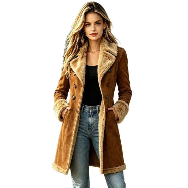 Brown women's suede-look fleece-lined long coat