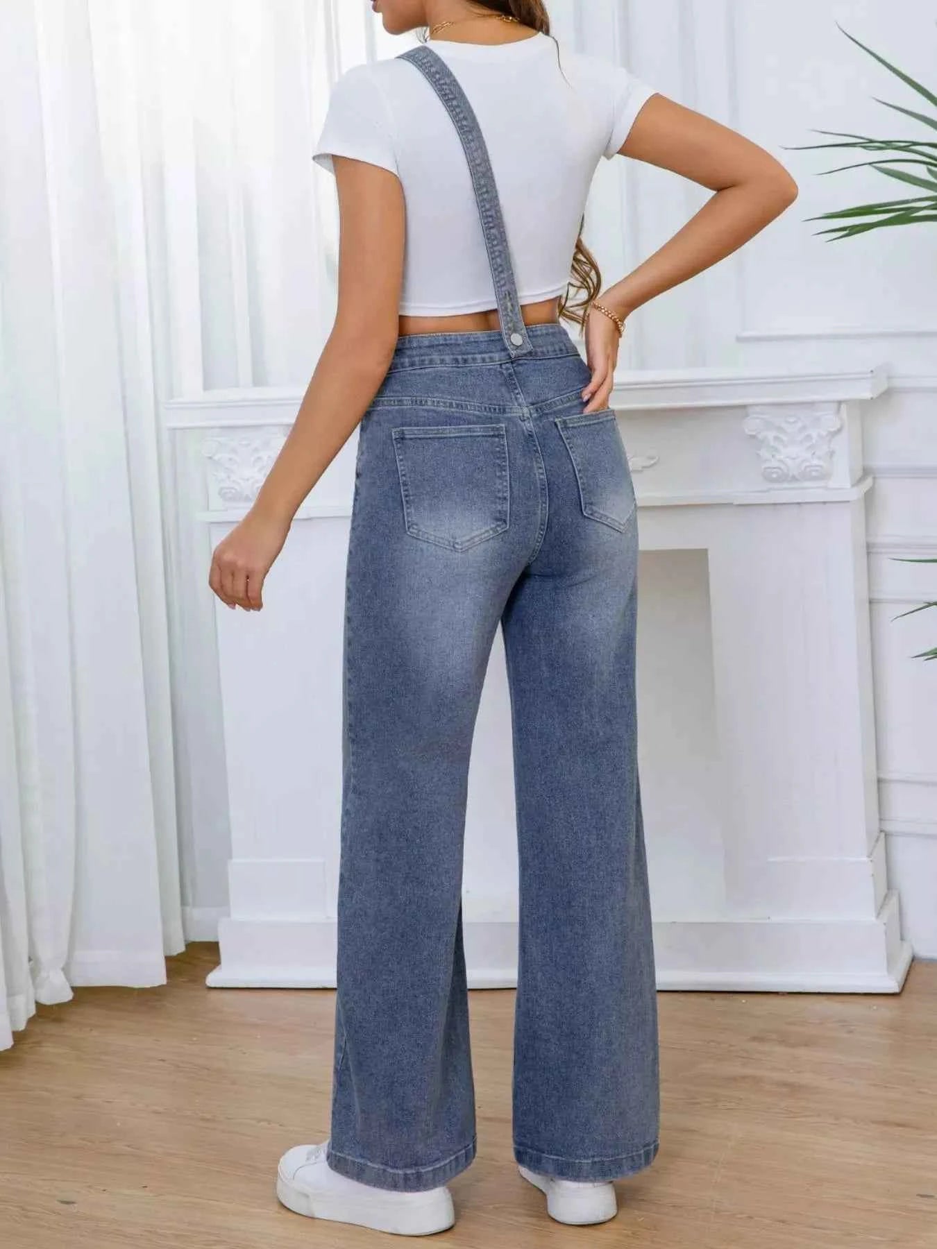 Adjustable wide-leg denim overalls — additional view 6