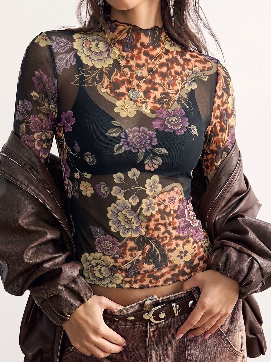 Vintage floral mesh top - slim fit long sleeve tee for women, image 6