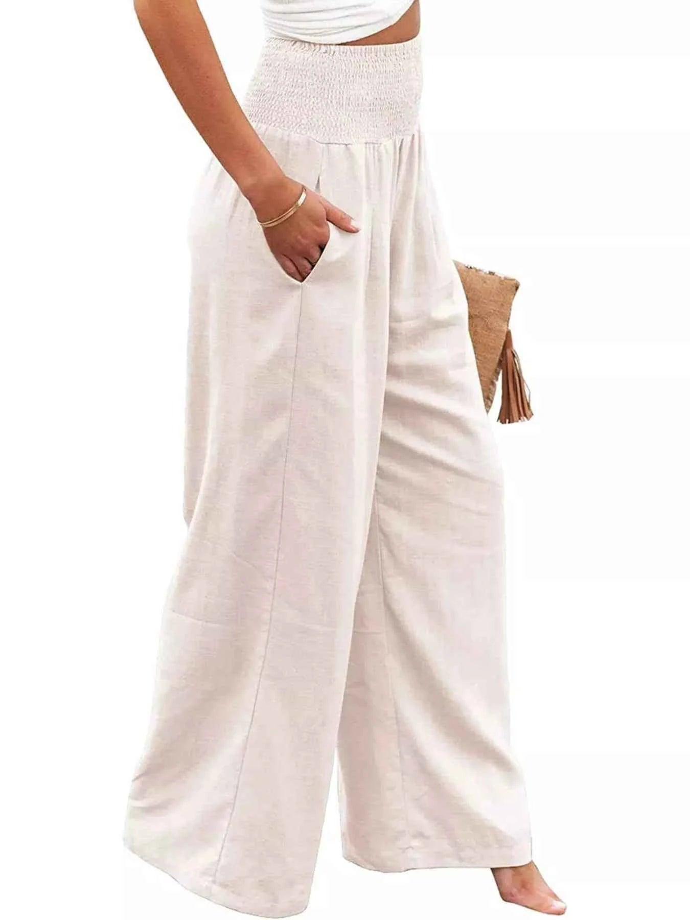 Smocked high-waisted wide-leg pants — additional view 3