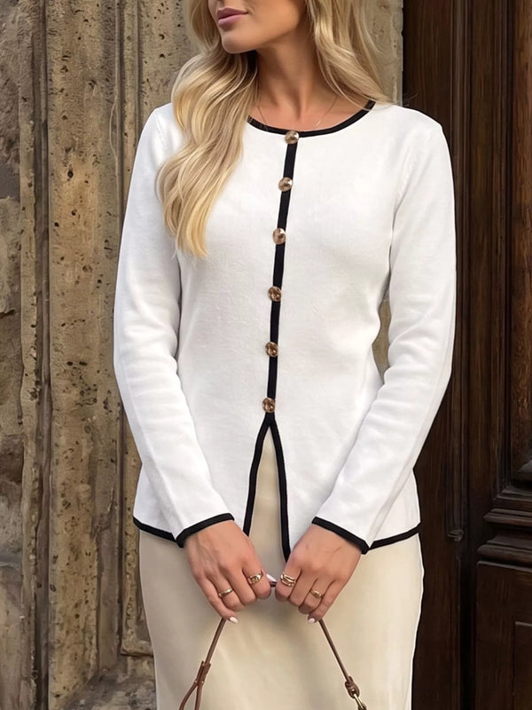 Contrast Trim Button Decor Knit Top view 3