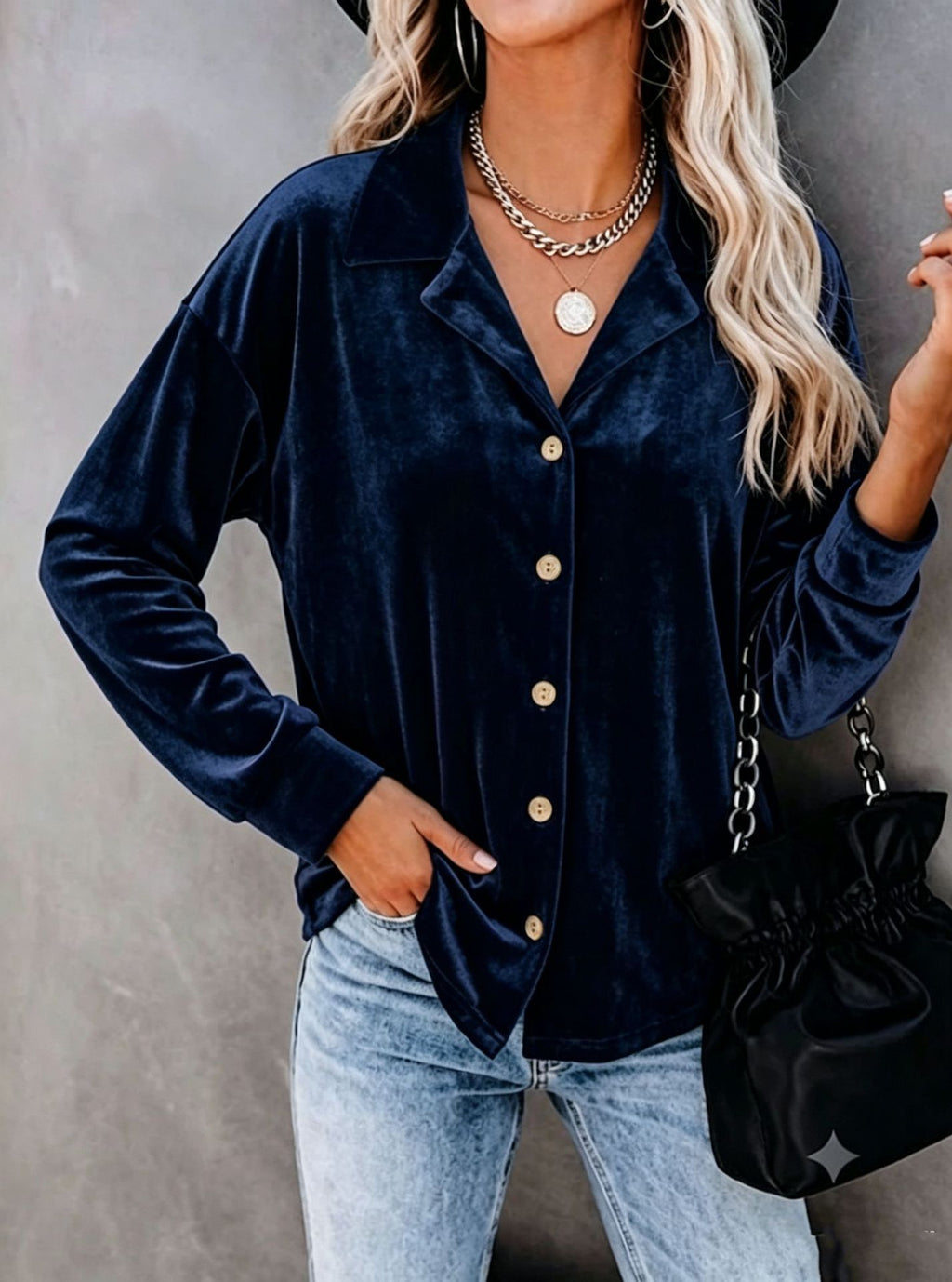 Product detail photo of Button Up Velvet Long Sleeve Shirt, Women’s Shirt, button up velvet long sleeve shirt, everyday style