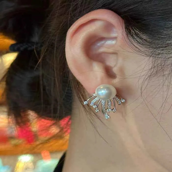 Zircon and pearl earrings in silver-plated alloy — primary view