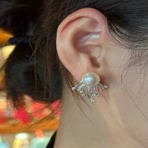 Silver zircon pearl stud earrings