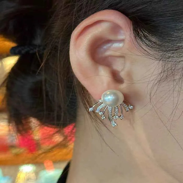 Zircon and pearl earrings in silver-plated alloy — primary view
