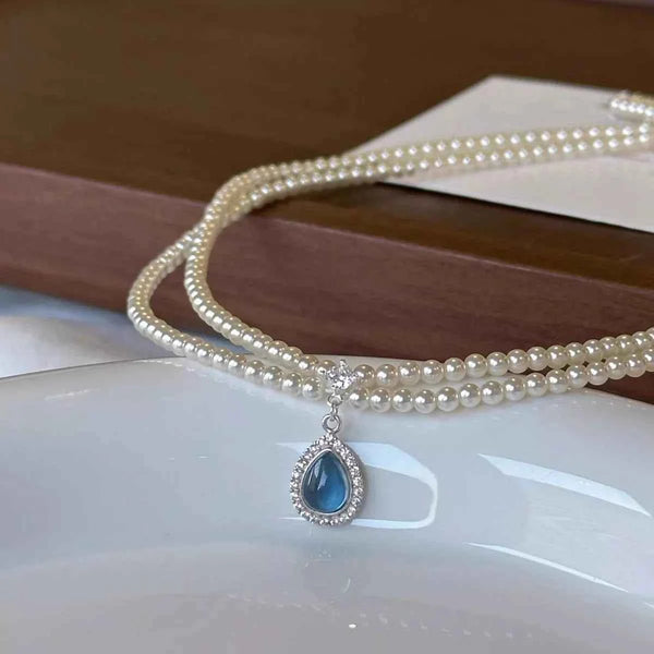 Double layer pearl necklace with teardrop pendant — additional view 5