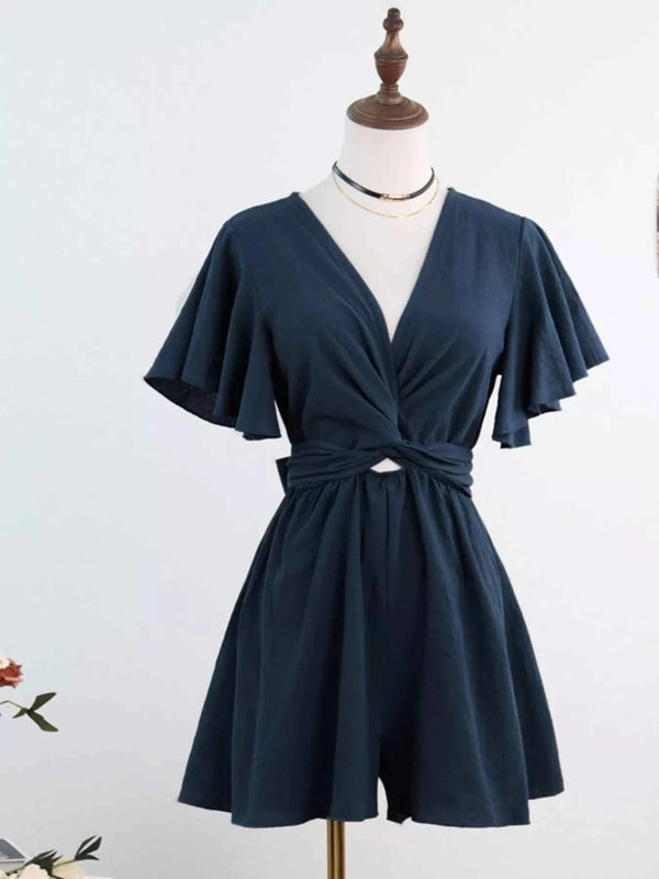 Tie Waist Flutter Sleeve Romper-Romper-Splashis-Color:Navy Blue-Size:XL-Splashis