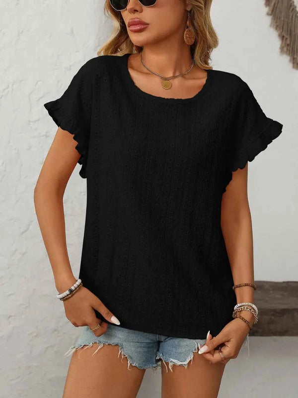 Feminine Eyelet Short Sleeve Top-T-shirt-Splashis-Color:Black-Size:2XL-Splashis