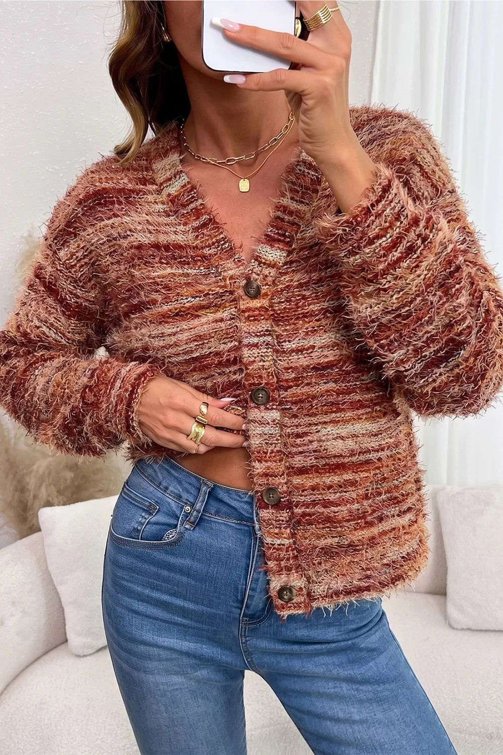 Fuzzy Striped Button Front Cardigan Sweater view 4