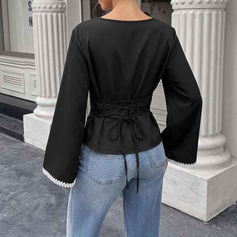 Lace-Trimmed A-Line Floral-Edge Long-Sleeve Blouse, angled product view
