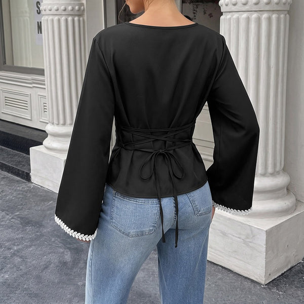 Lace-Trimmed A-Line Floral-Edge Long-Sleeve Blouse, angled product view