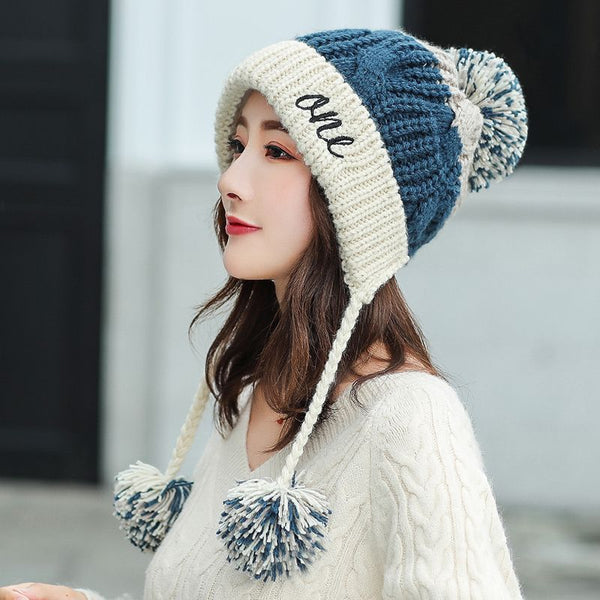 Women's Fleece Lined Pom Pom Wool Hat-Splashis, alternate view 1
