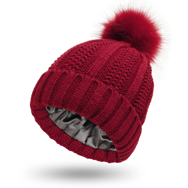Wine Red satin lined pom pom beanie hat for women