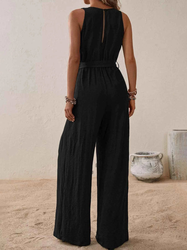 Sleeveless tie waist wide leg jumpsuit — additional view 4