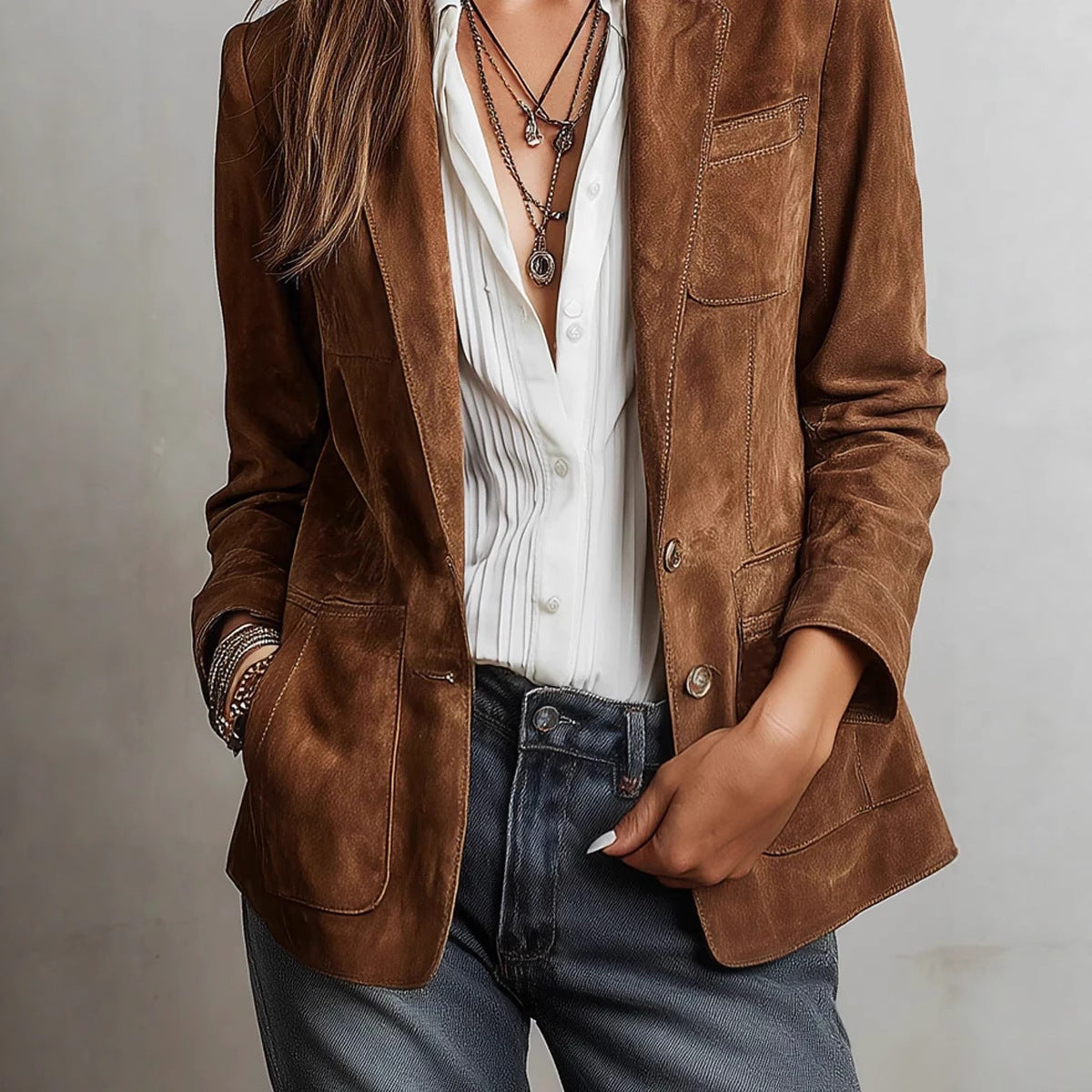 Women's Faux Suede Jacket - Single-Breasted Retro Blazer additional product view
