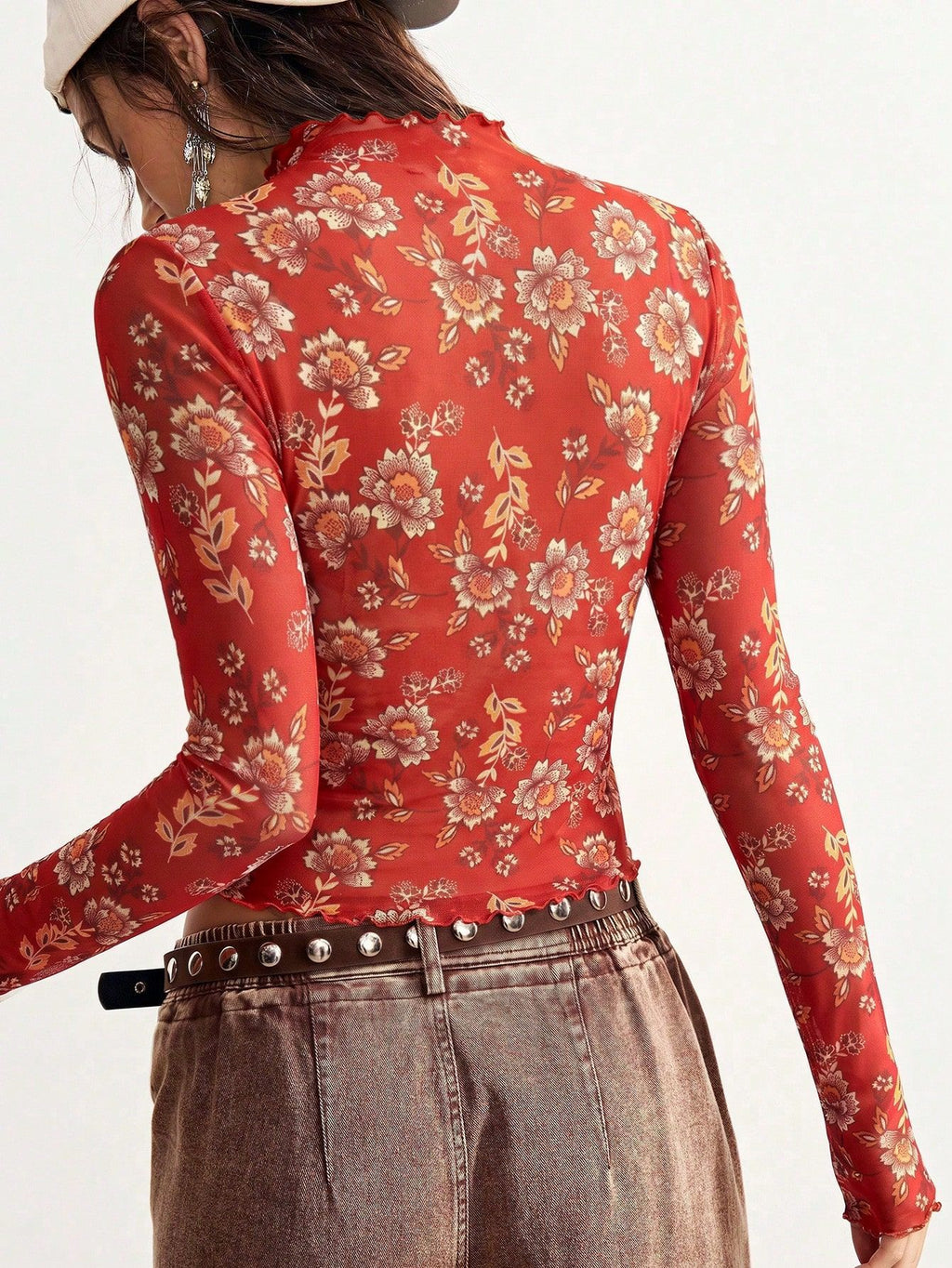 Floral mesh top - slim fit long sleeve for women, image 5