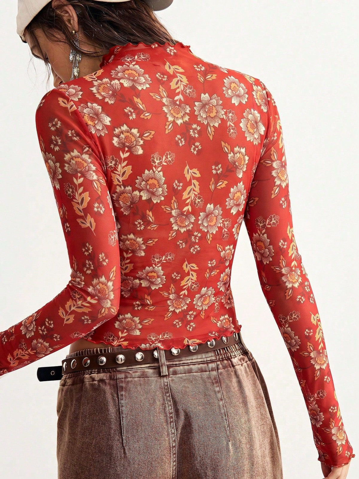 Floral mesh top - slim fit long sleeve for women, image 5